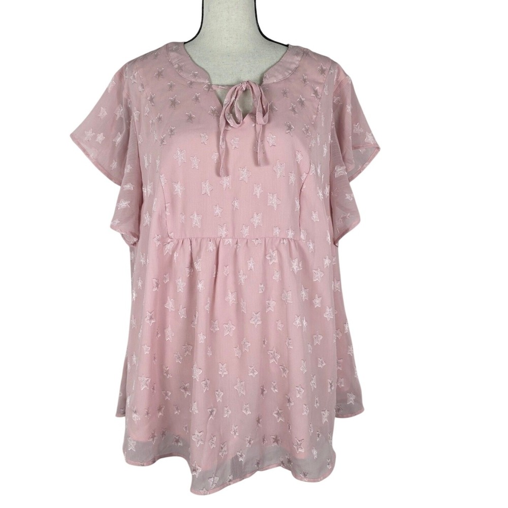 BloomChic Star Blouse Pink Chiffon Tie Neck Flutter Sleeve Plus 18-20 Whimsical